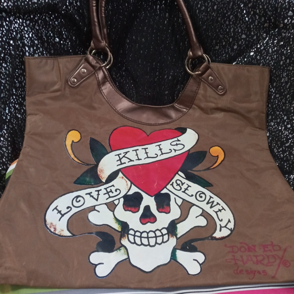 DON ED HARDY love kills slowly brownn tote bag